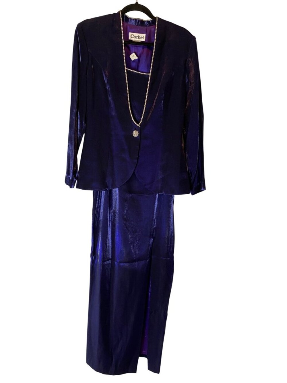 Cachet Womens Shimmery Navy Blue Formal Long Dress & Jacket Rhinestone Accent 10